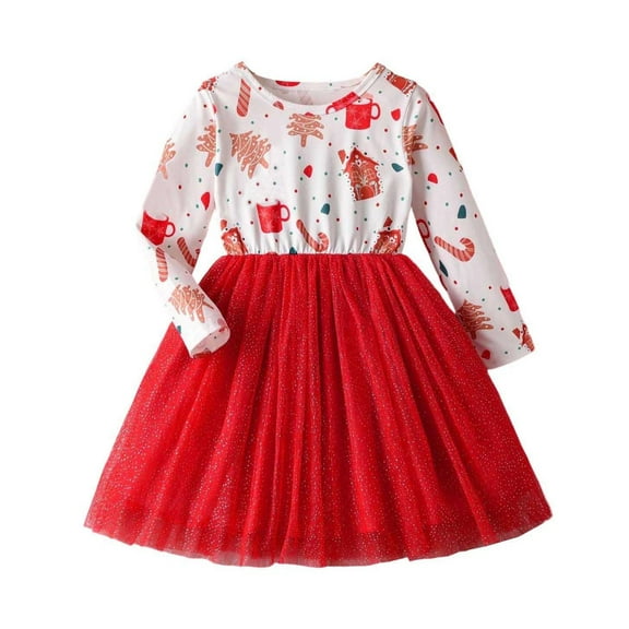 LIIPEE Girls Dresses Christmas Cartoon Graphic Printed Long Sleeve Round Neck Sequins Tulle Ball Gown Princess Sundress Kids Breathable Holiday School Party Dress,Red,7Y