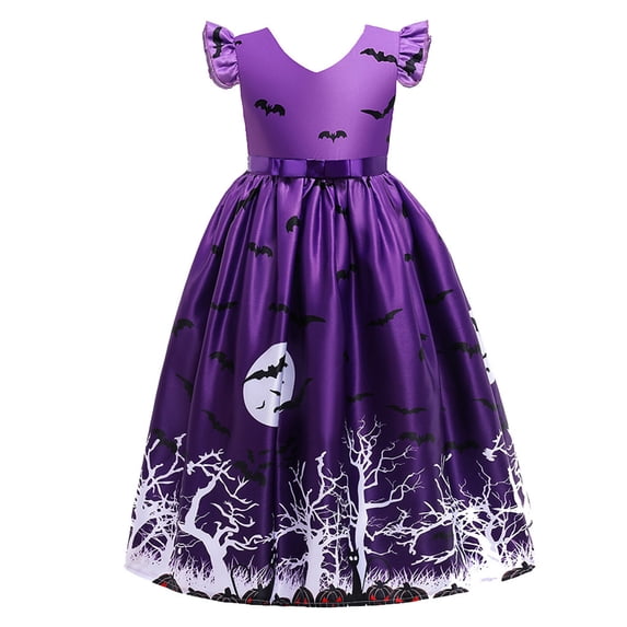 LIIPEE Girls Dresses Halloween Cartoon Bat Graphic Printed Fly Sleeve V Neck Ball Gown Princess Sundress Newborn Comfort Birthday Wedding Weekend Dress,Purple,4-5 Years