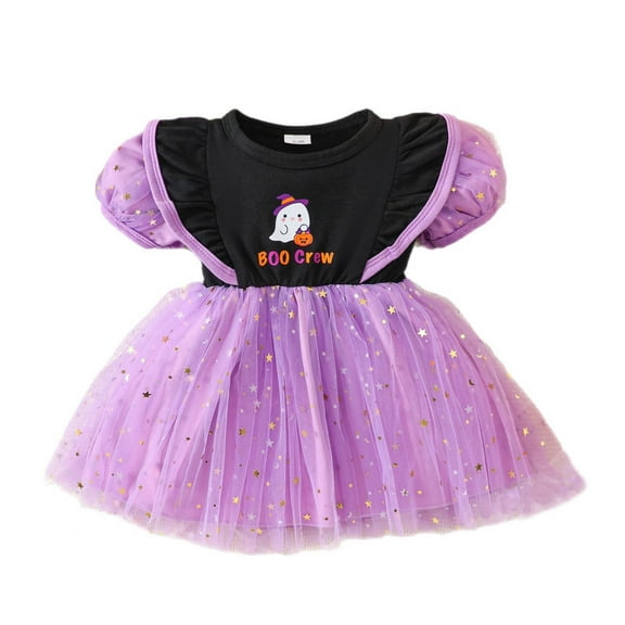 LIIPEE Girls Dresses Halloween Cartoon Letter Ghost Pumpkin Printed Puff Sleeve Round Neck Ball Gown Princess Sundress Infant Breathable Casual Daily Party Photoshoot Dress,Purple,12-18 Months