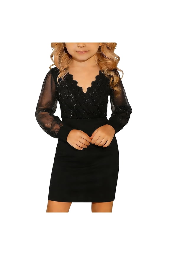 Girls Dresses Kids Glitter Sequins Puff Long Sleeve Mesh V-Neck Festive Bodycon Dress Evening Elegant Comfortable Soft Breathable Mini Dress,Black,7-8 Years