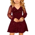 thumbnail image 1 of LIIPEE Girls Dresses Kids V-Neck Puff Long Sleeve Mesh Casual High Waist A Line Short Dress Formal Party Comfortable Soft Breathable Dress,Red,9-10 Years, 1 of 7