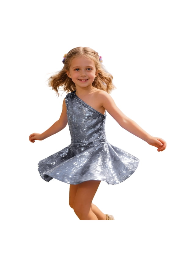 Girls Dresses Shine Sequins One Shoulder Party Dress With Ruffle Hem Casual Comfortable Soft Breathable Tutu Dress,Black,100