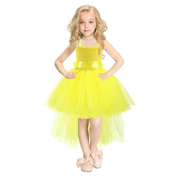 LIIPEE Girls Dresses Sleeveless Spaghetti Strap V Neck Tulle Ball Gown Tutu Sundress Girl Comfort Holiday School Party Dress,Yellow,8T