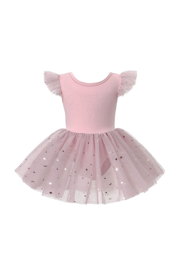 Girls Dresses Sleeveless Star Printed Mesh Ballet Dance Performance Flutter Dress Kids Party Comfortable Breathable Soft Cute Dresses,Pink,5-6 Years