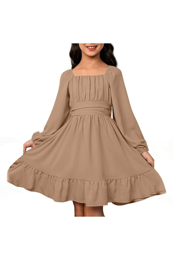 Girls Dresses Solid Color Long Sleeve Square Neck Backless A-Line Sundress Child Casual Holiday School Party Dress,Khaki,120