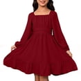 thumbnail image 1 of LIIPEE Girls Dresses Solid Color Long Sleeve Square Neck Backless A-Line Sundress Kids Versatile Holiday School Party Dress,Red,120, 1 of 6
