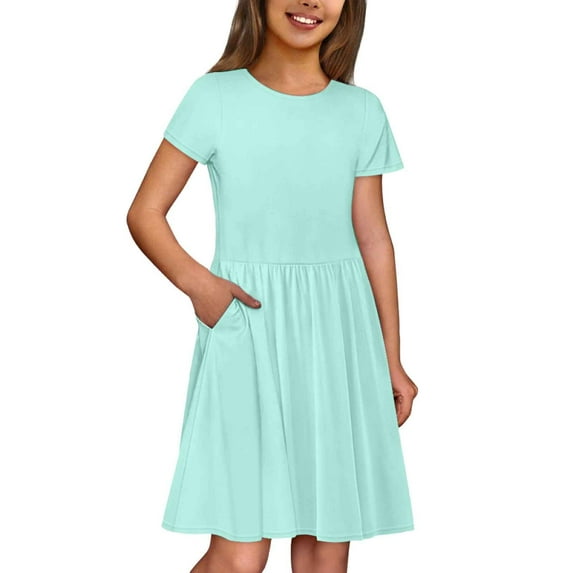 LIIPEE Girls Dresses Solid Color Short Sleeve Round Neck A-Line Sundress With Pockets Child Stylish Holiday School Party Dress,Green,9-10 Years