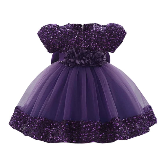 LIIPEE Girls Dresses Sparkling Puffy Short Sleeve Crew Neck Fairy Dress Toddlers Glitter Bowknot Floral Party Gown Comfortable Breathable Soft Cute Princess Dresses,Purple,3-4 Years