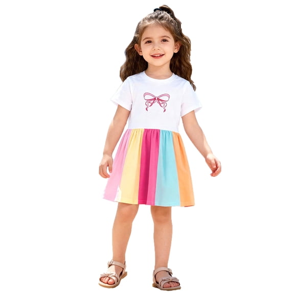 LIIPEE Girls Dresses Summer Casual Bow Printed Short Sleeve Crew Neck Flowy A Line Party Dress With Ruffle Hem Toddler Kids Comfortable Breathable Soft Cute Daily Dresses,Multicolour,12-24 Months