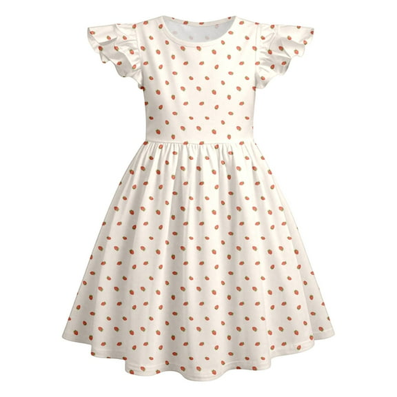 LIIPEE Girls Dresses Summer Cute Ruffled Fly Sleeve Strawberry Printed Round Neck Sundress Boys Versatile Beach A-Line Princess Dress,Beige,4-5 Years