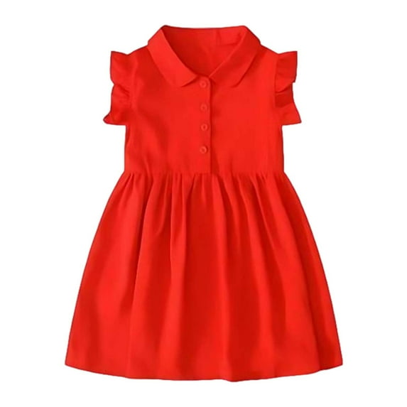 LIIPEE Girls Dresses Summer Fashion Solid Color Turndown Collar Button Ruffled Sleeveless Dress Toddler Comfort A-Line Princess Dresses,Red,3-4 Years