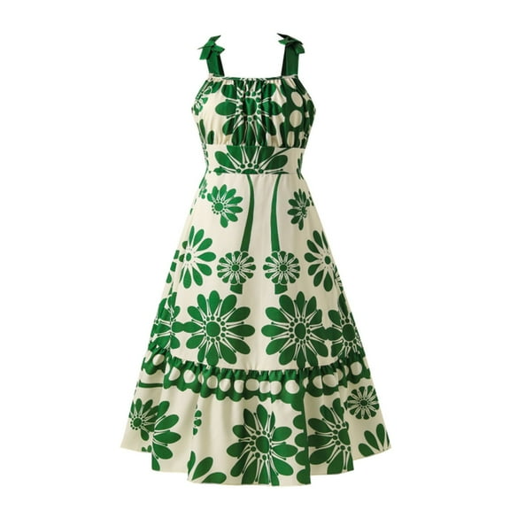 LIIPEE Girls Dresses Summer Floral Printed Fly Sleeve Round Neck Mesh Princesses Dress Baby Trendy Outdoor Dress,Green,9-10 Years