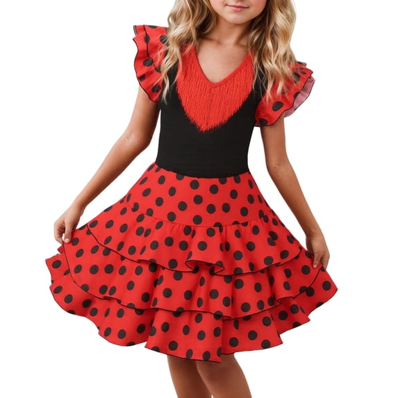 LIIPEE Girls Dresses Summer Kids Sleeveless Polka Dot Printed Crew Neck Ruffle Dress Comfortable Versatile Breathable Soft Cute Daily Dresses,Black,4-5 years