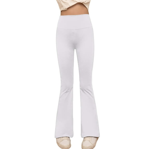 LIIPEE Girls Flare Pants Solid Color Stretchy Elastic High Waist Yoga Leggings Trousers Kids Classic Birthday Wedding Weekend Pants,White,9-10 Years