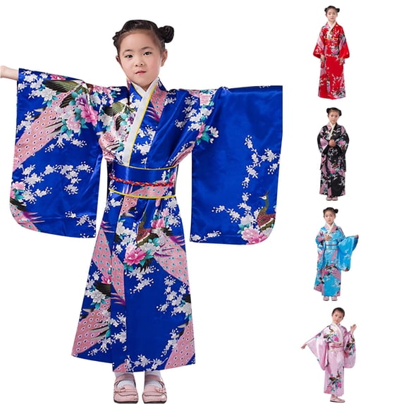 LIIPEE Girls Floral Print Long Sleeve Kimono Robes Kids Traditional Sleepwear 2-10 Years