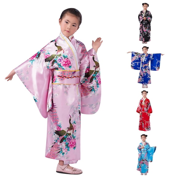 LIIPEE Girls Floral Print Long Sleeve Kimono Robes Kids Traditional Sleepwear 2-10 Years