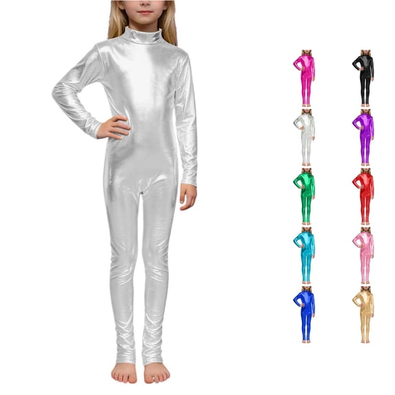 LIIPEE Girls Glitter Back Zipper Jumpsuit High Neck Long Sleeve Dance Performance Leotard 1-12 Years