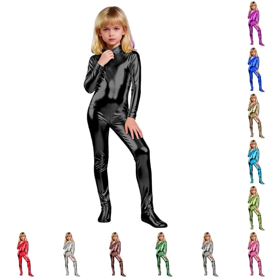 LIIPEE Girls Glitter Long Sleeve Footed Jumpsuits High Neck Dance Performance Gymnastic Leotard 4-9 Years