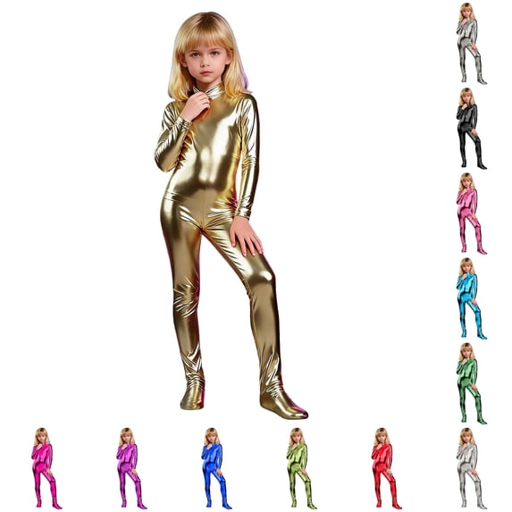 LIIPEE Girls Glitter Long Sleeve Footed Jumpsuits High Neck Dance Performance Gymnastic Leotard 4-9 Years