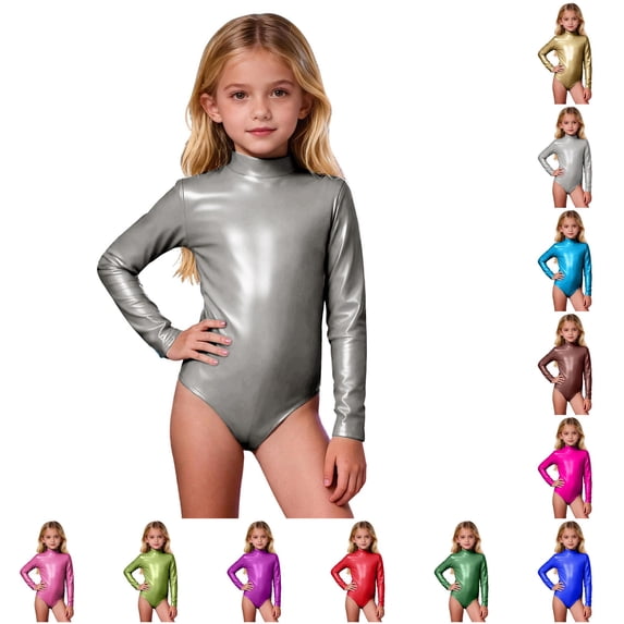 LIIPEE Girls Glitter Long Sleeve Jumpsuits High Neck Dance Performance Gymnastic Leotard 4-9 Years
