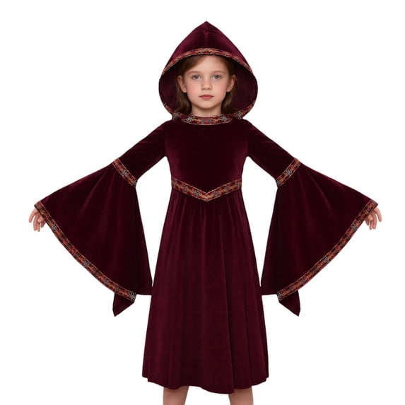LIIPEE Girls Halloween Kids Bell Long Sleeve Hooded Dresses Party Performance Clothes,XS