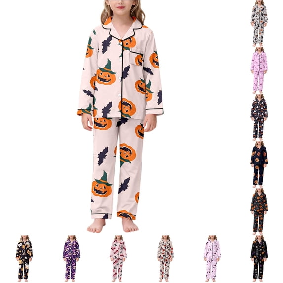 LIIPEE Girls Halloween Graphic Pajamas Long Sleeve Shirts And Pants Pajama Sets Kids Fall Sleepwear 4-14 Years