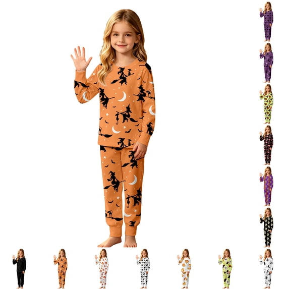 LIIPEE Girls Halloween Graphic Pajamas Long Sleeve Tees And Pants Pajama Sets Kids Fall Sleepwear 3-14 Years