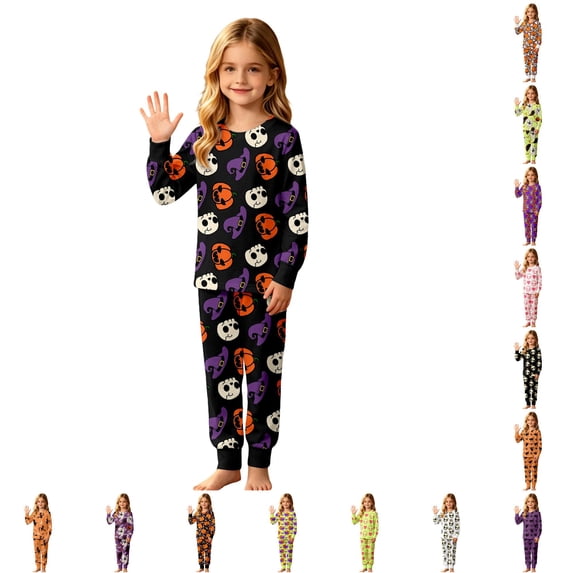 LIIPEE Girls Halloween Graphic Pajamas Long Sleeve Tees And Pants Pajama Sets Kids Fall Sleepwear 3-14 Years