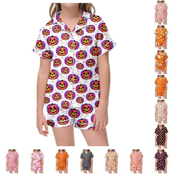 LIIPEE Girls Halloween Graphic Pajamas Short Sleeve Button Down Shirts And Shorts Pajama Sets Kids Holiday Sleepwear 1-14 Years