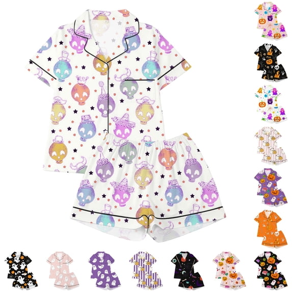 LIIPEE Girls Halloween Graphic Pajamas Short Sleeve Button Down Shirts And Shorts Pajama Sets Kids Holiday Sleepwear 1-14 Years