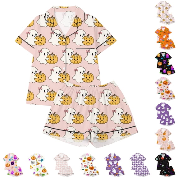 LIIPEE Girls Halloween Graphic Pajamas Short Sleeve Button Down Shirts And Shorts Pajama Sets Kids Holiday Sleepwear 1-14 Years