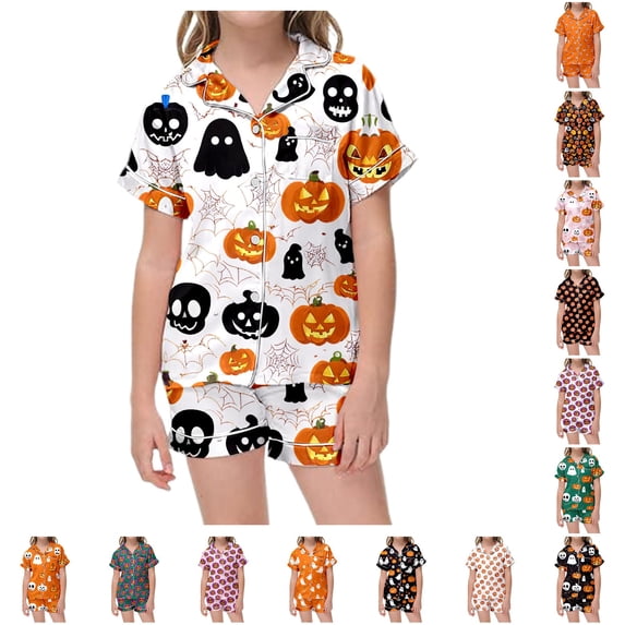 LIIPEE Girls Halloween Graphic Pajamas Short Sleeve Button Down Shirts And Shorts Pajama Sets Kids Holiday Sleepwear 1-14 Years