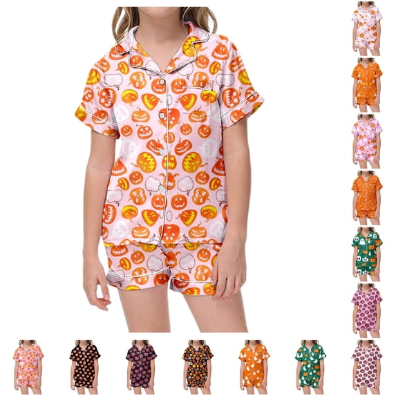 LIIPEE Girls Halloween Graphic Pajamas Short Sleeve Button Down Shirts And Shorts Pajama Sets Kids Holiday Sleepwear 1-14 Years