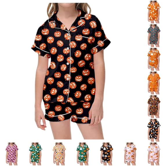 LIIPEE Girls Halloween Graphic Pajamas Short Sleeve Button Down Shirts And Shorts Pajama Sets Kids Holiday Sleepwear 1-14 Years