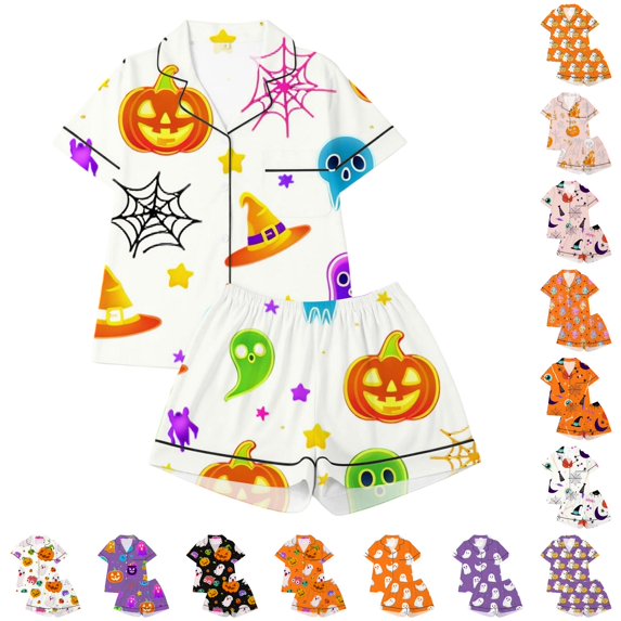 LIIPEE Girls Halloween Graphic Pajamas Short Sleeve Button Down Shirts And Shorts Pajama Sets Kids Holiday Sleepwear 1-14 Years