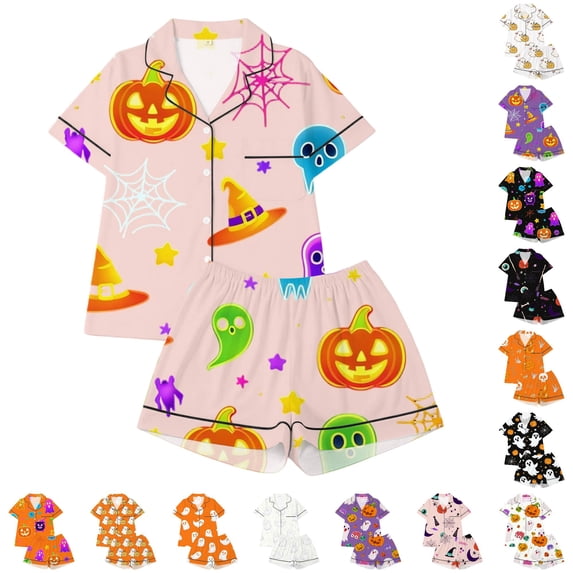 LIIPEE Girls Halloween Graphic Pajamas Short Sleeve Button Down Shirts And Shorts Pajama Sets Kids Holiday Sleepwear 1-14 Years