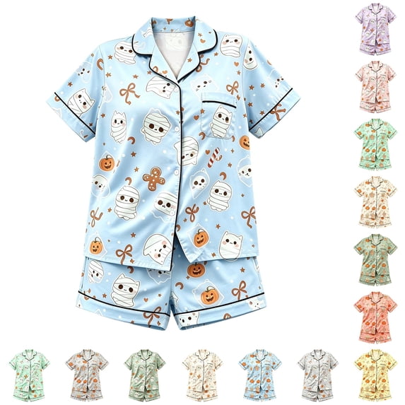 LIIPEE Girls Halloween Graphic Pajamas Short Sleeve Button Down Shirts And Shorts Pajama Sets Kids Holiday Sleepwear 2-16 Years