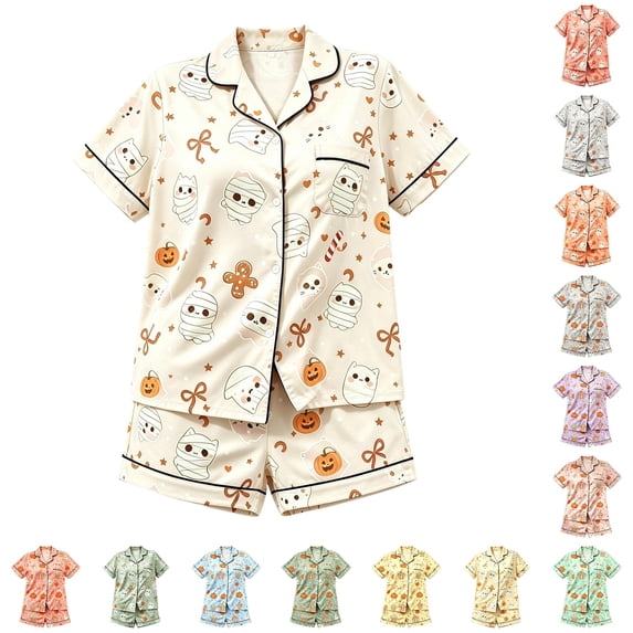 LIIPEE Girls Halloween Graphic Pajamas Short Sleeve Button Down Shirts And Shorts Pajama Sets Kids Holiday Sleepwear 2-16 Years