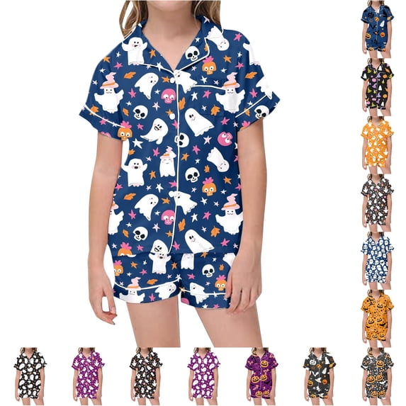 LIIPEE Girls Halloween Pajamas Cute Cartoon Graphic Print Short Sleeve Flat Collar Button Down Shirts And Shorts Sleepwear 2 Piece Set Kids Comfortable Holiday Party Nightwear,2-3 Years