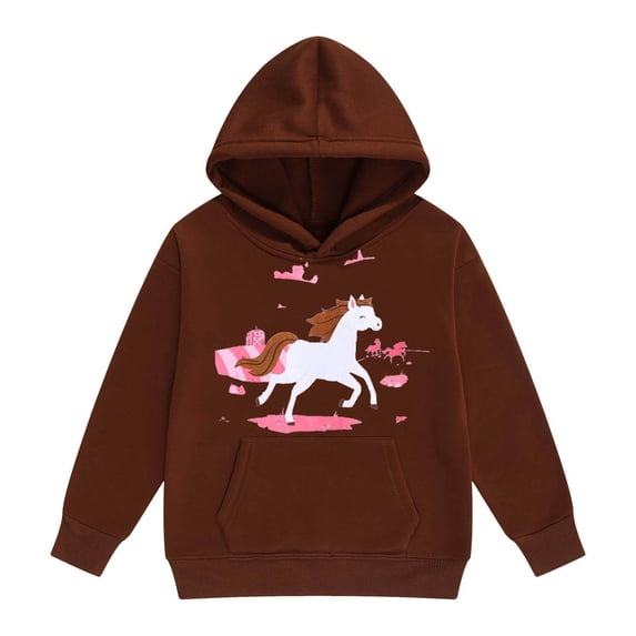 LIIPEE Girls Hoodies Cartoon Horse Printed Long Sleeve Pullover Hooded Sweatshirt With Pocktes Kids Comfort Daily Sweatshirts,Brown,10-11 Years