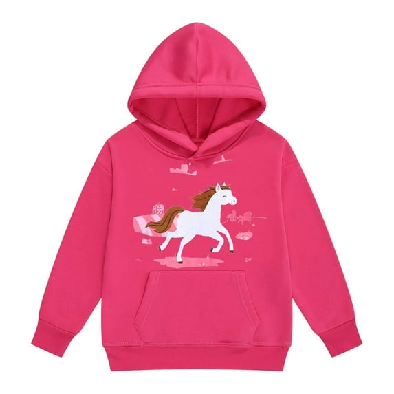 LIIPEE Girls Hoodies Cartoon Horse Printed Long Sleeve Pullover Hooded Sweatshirt With Pocktes Kids Sweet School Sweatshirts,Hot Pink,12-13 Years