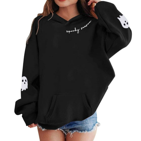LIIPEE Girls Hoodies Halloween Cartoon Ghost Letter Printed Long Sleeve Hooded Pullover Sweatshirt With Pocket Girl Casual Outdoor Sweatshirt,Black,8-10 Years