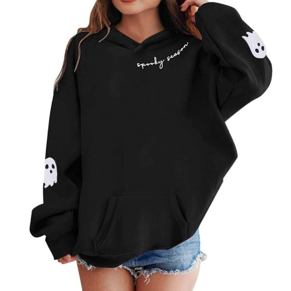LIIPEE Girls Hoodies Halloween Cartoon Ghost Letter Printed Long Sleeve Hooded Pullover Sweatshirt With Pocket Kids Comfort Party Sweatshirt,Black,11-12 Years