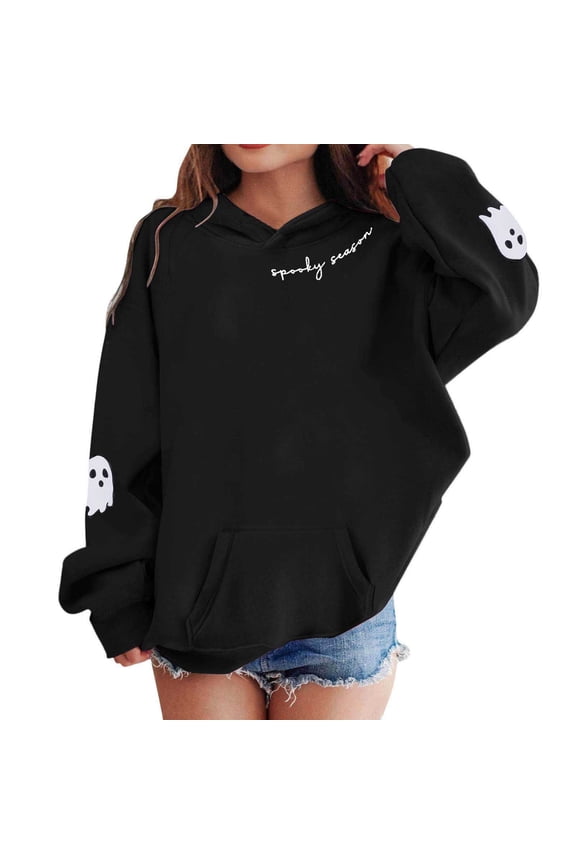 Girls Hoodies Halloween Cartoon Ghost Letter Printed Long Sleeve Hooded Pullover Sweatshirt With Pocket Kids Comfort Party Sweatshirt,Black,11-12 Years
