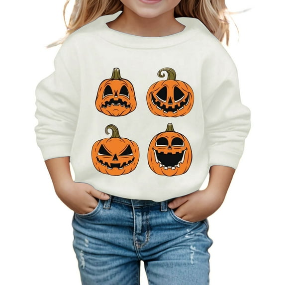 LIIPEE Girls Hoodies Halloween Cartoon Pumpkin Graphic Printed Long Sleeve Round Neck Pullover Tops Kids Trendy Birthday Wedding Weekend Sweatshirts,White,7-8 Years