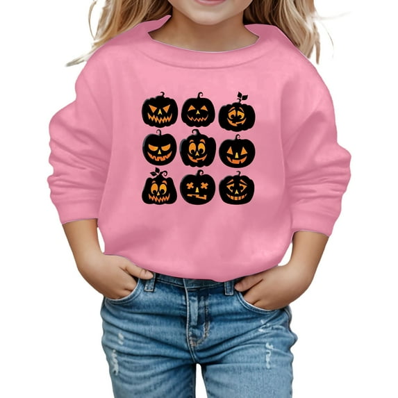 LIIPEE Girls Hoodies Halloween Warm Cartoon Pumpkin Graphic Printed Long Sleeve Round Neck Pullover Tops Girl Stylish Indoor Outdoor Wear Sweatshirts,Pink,9-10 Years