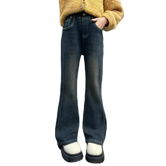 LIIPEE Girls Jean Pants Retro Baggy Elastic High Waist Wide Leg Denim Flare Trousers With Pockets Child Comfort Indoor Outdoor Wear Pants,Dark Blue,12-13 Years