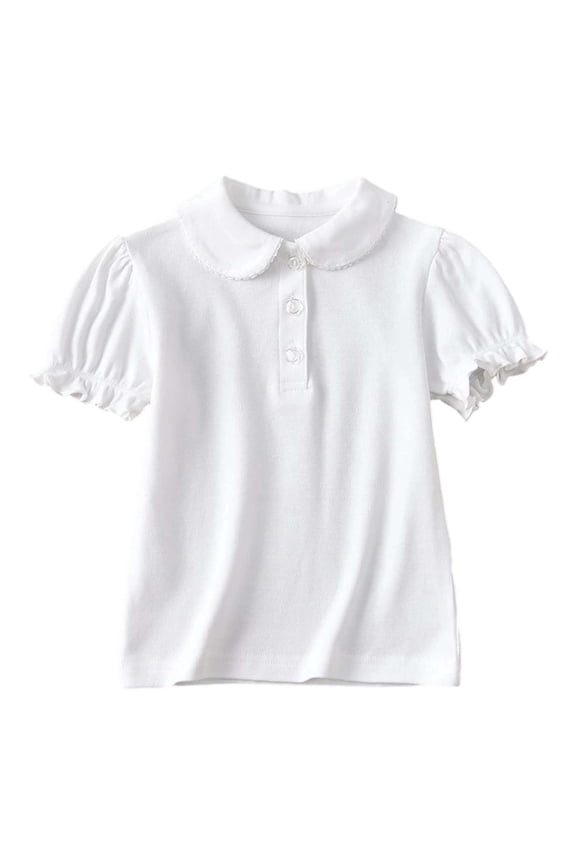 Girls Kids Peter Pan Collar Short Sleeve Polo Shirt With Lace Trim Solid Color Breathable Tee For Toddlers School Uniform Daily Wear White 5-6 Years