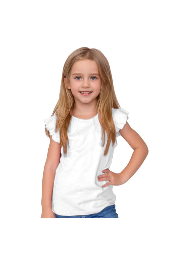 Girls Kids Round Neck Flutter Sleeve TShirt With Solid Color Soft Casual Basic Tee For Toddlers Daily Wear Playtime Summer Activities White 5-6 Years