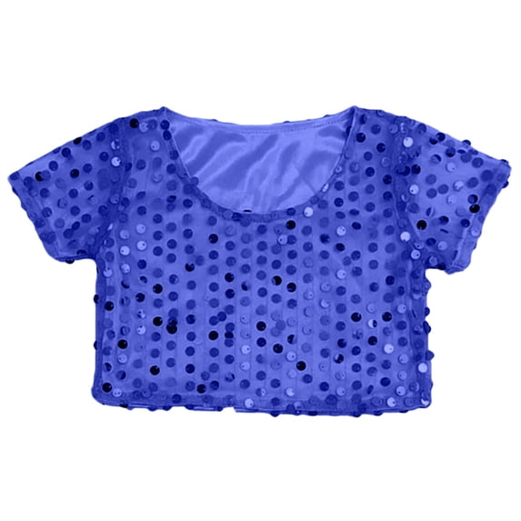 LIIPEE Girls Kids Round Neck Short Sleeve Sequin Crop Top Solid Color Sparkly Slim Fit Tee For Toddlers Dance Birthday Parties Blue -